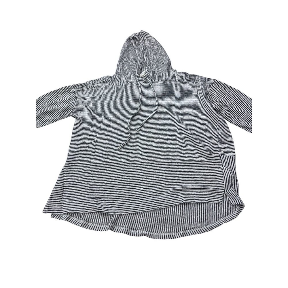 C&C California Black & White Striped Hooded Pullover Linen Top W/ Roll Tab Sleev - Picture 6 of 10